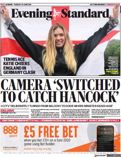 London Evening Standard Newspaper Front Page (UK) for 30 June 2021