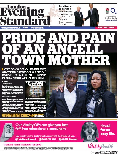 London Evening Standard Newspaper Front Page (UK) for 30 September 2015