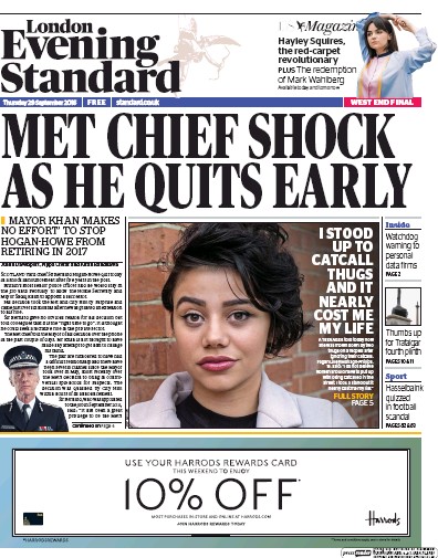 London Evening Standard Newspaper Front Page (UK) for 30 September 2016