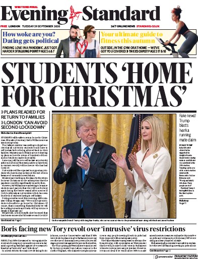 London Evening Standard Newspaper Front Page (UK) for 30 September 2020