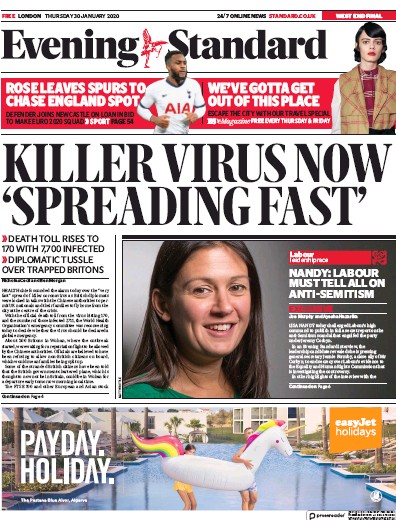 London Evening Standard Newspaper Front Page (UK) for 31 January 2020