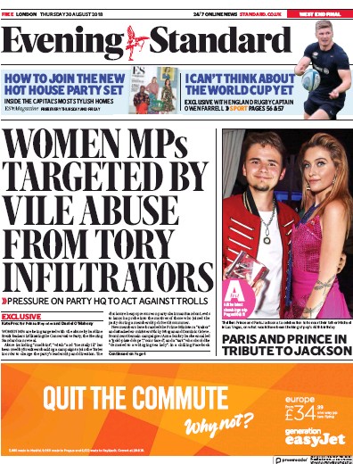 London Evening Standard Newspaper Front Page (UK) for 31 August 2018