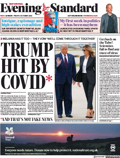 London Evening Standard Newspaper Front Page (UK) for 3 October 2020