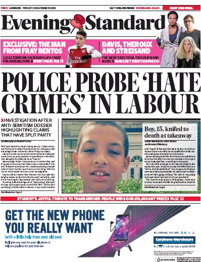 London Evening Standard Newspaper Front Page (UK) for 3 November 2018