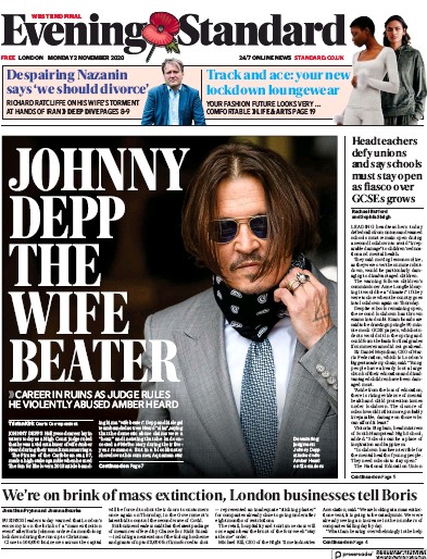 London Evening Standard Newspaper Front Page (UK) for 3 November 2020