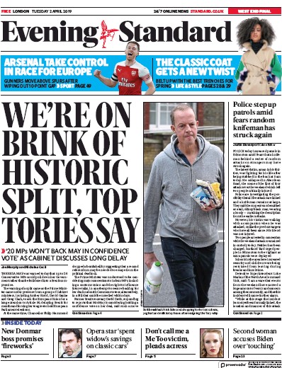 London Evening Standard Newspaper Front Page (UK) for 3 April 2019