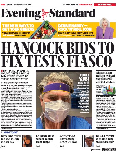 London Evening Standard Newspaper Front Page (UK) for 3 April 2020