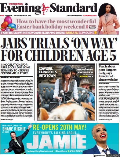 London Evening Standard Newspaper Front Page (UK) for 3 April 2021