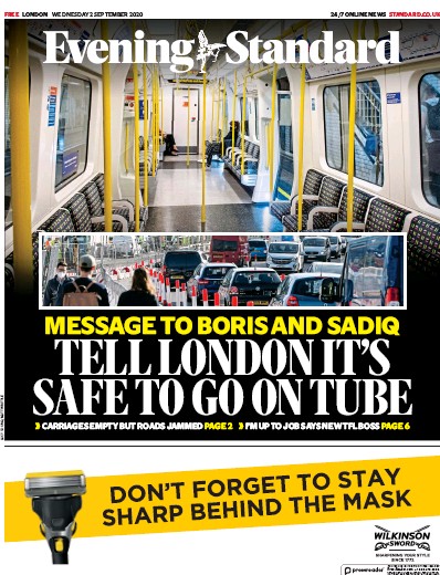 London Evening Standard Newspaper Front Page (UK) for 3 September 2020