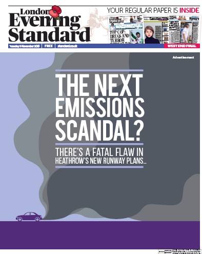 London Evening Standard Newspaper Front Page (UK) for 4 November 2015