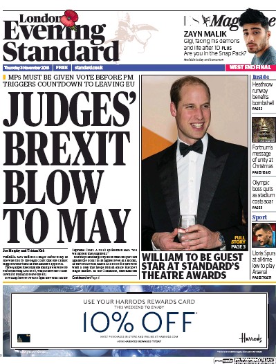 London Evening Standard Newspaper Front Page (UK) for 4 November 2016