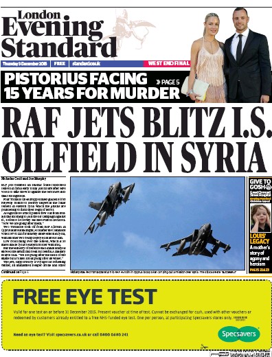 London Evening Standard Newspaper Front Page (UK) for 4 December 2015