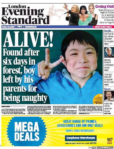 London Evening Standard Newspaper Front Page (UK) for 4 June 2016