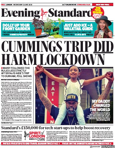 London Evening Standard Newspaper Front Page (UK) for 4 June 2020