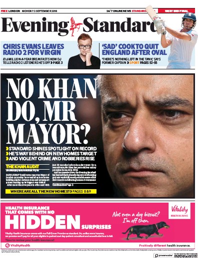 London Evening Standard Newspaper Front Page (UK) for 4 September 2018