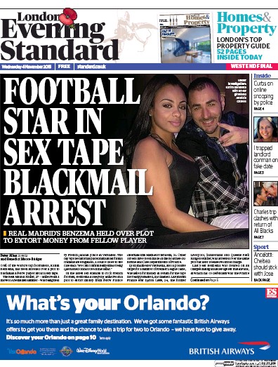 London Evening Standard Newspaper Front Page (UK) for 5 November 2015