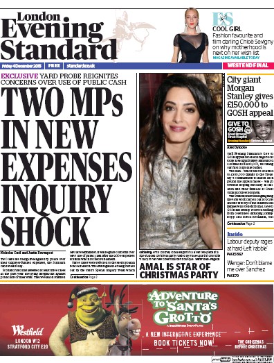 London Evening Standard Newspaper Front Page (UK) for 5 December 2015