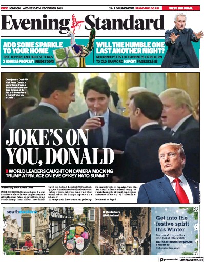 London Evening Standard Newspaper Front Page (UK) for 5 December 2019