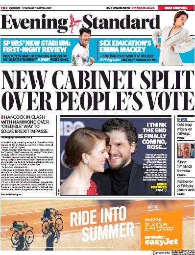 London Evening Standard Newspaper Front Page (UK) for 5 April 2019