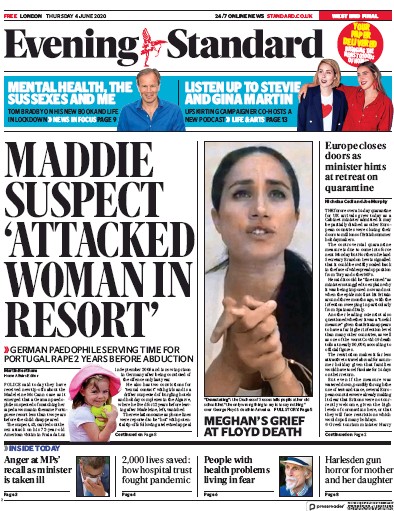 London Evening Standard Newspaper Front Page (UK) for 5 June 2020