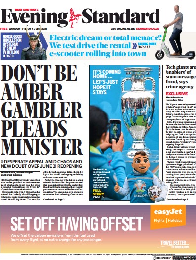 London Evening Standard Newspaper Front Page (UK) for 5 June 2021