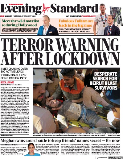 London Evening Standard Newspaper Front Page (UK) for 5 August 2020