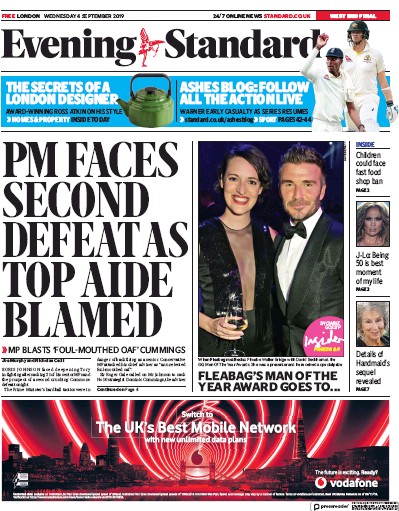 London Evening Standard Newspaper Front Page (UK) for 5 September 2019