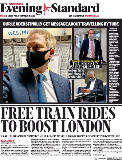 London Evening Standard Newspaper Front Page (UK) for 5 September 2020