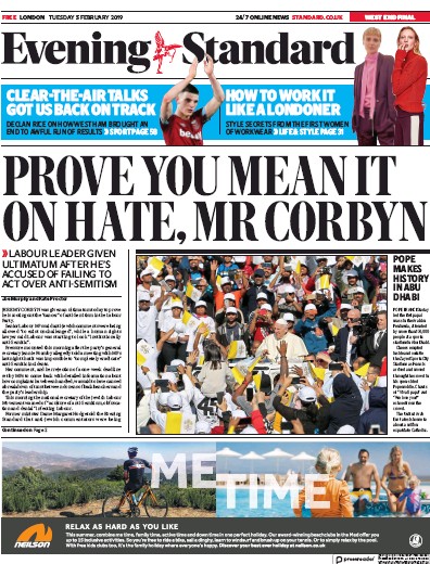 London Evening Standard Newspaper Front Page (UK) for 6 February 2019