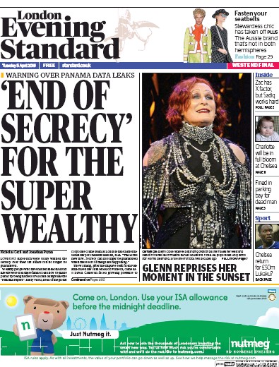 London Evening Standard Newspaper Front Page (UK) for 6 April 2016