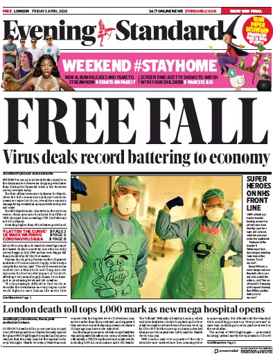 London Evening Standard Newspaper Front Page (UK) for 6 April 2020