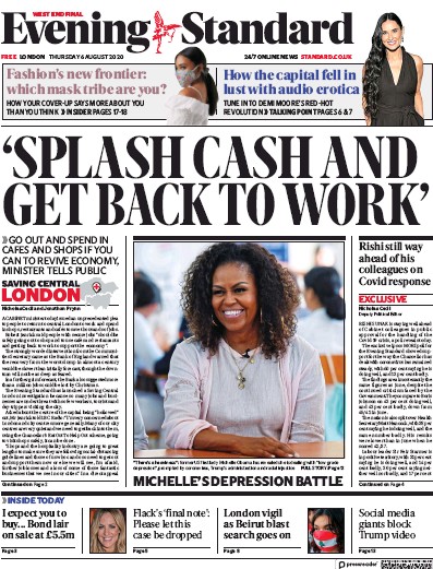 London Evening Standard Newspaper Front Page (UK) for 6 August 2020