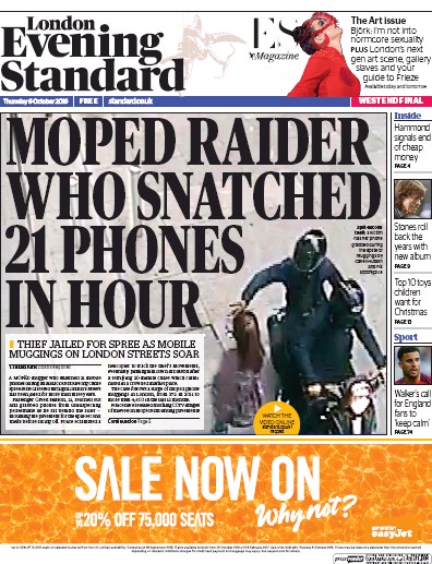 London Evening Standard Newspaper Front Page (UK) for 7 October 2016