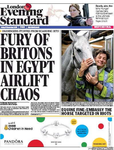 London Evening Standard Newspaper Front Page (UK) for 7 November 2015