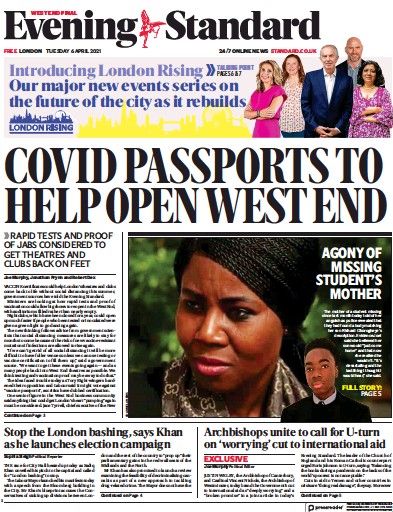 London Evening Standard Newspaper Front Page (UK) for 7 April 2021