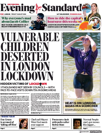 London Evening Standard Newspaper Front Page (UK) for 7 August 2020