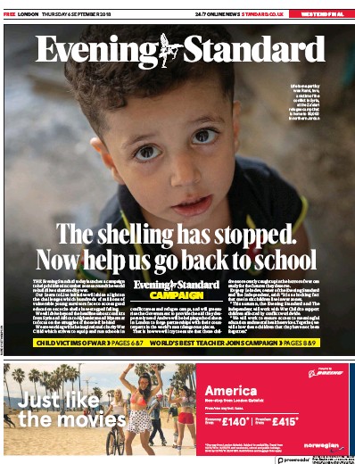 London Evening Standard Newspaper Front Page (UK) for 7 September 2018