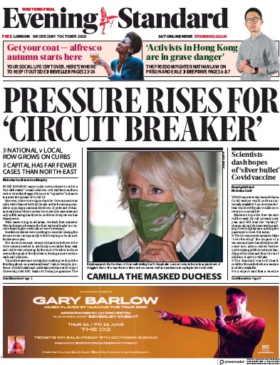 London Evening Standard Newspaper Front Page (UK) for 8 October 2020