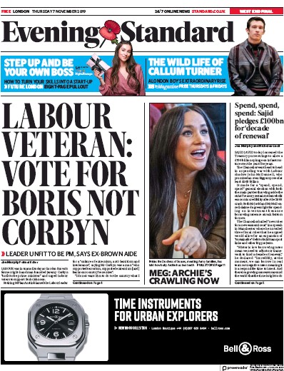 London Evening Standard Newspaper Front Page (UK) for 8 November 2019