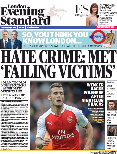 London Evening Standard Newspaper Front Page (UK) for 8 April 2016