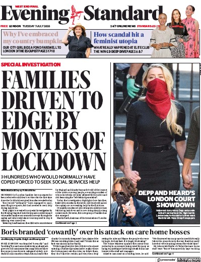 London Evening Standard Newspaper Front Page (UK) for 8 July 2020