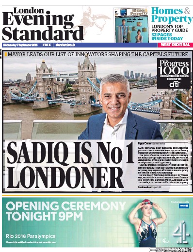 London Evening Standard Newspaper Front Page (UK) for 8 September 2016