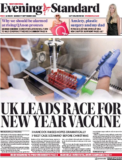 London Evening Standard Newspaper Front Page (UK) for 8 September 2020