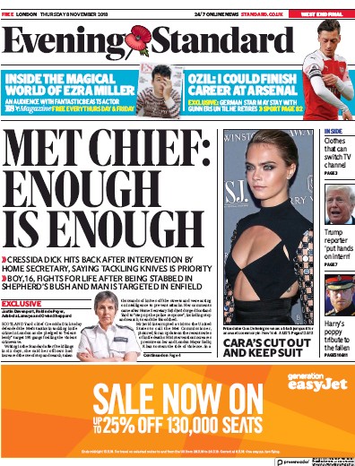 London Evening Standard Newspaper Front Page (UK) for 9 November 2018