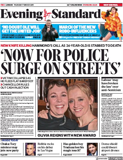 London Evening Standard Newspaper Front Page (UK) for 9 March 2019