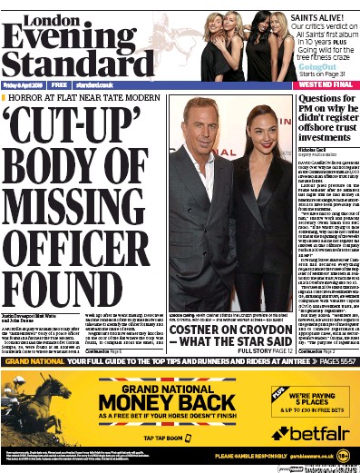 London Evening Standard Newspaper Front Page (UK) for 9 April 2016