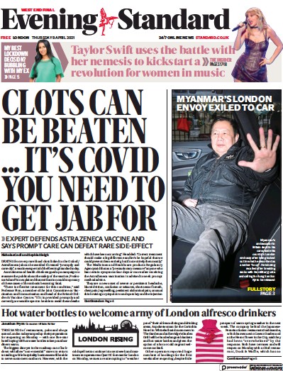 London Evening Standard Newspaper Front Page (UK) for 9 April 2021