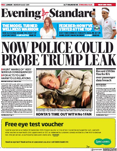 London Evening Standard Newspaper Front Page (UK) for 9 July 2019