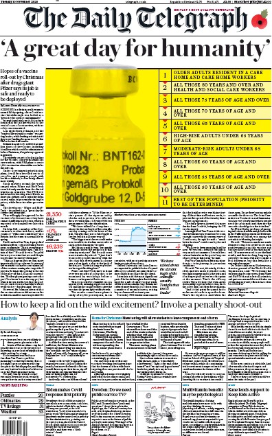 The Daily Telegraph Newspaper Front Page (UK) for 10 November 2020