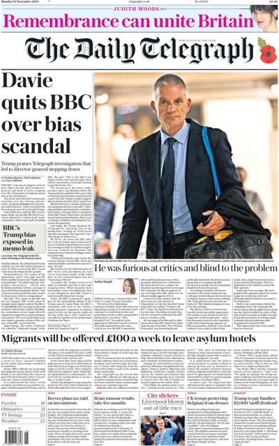 The Daily Telegraph Newspaper Front Page (UK) for 10 November 2025